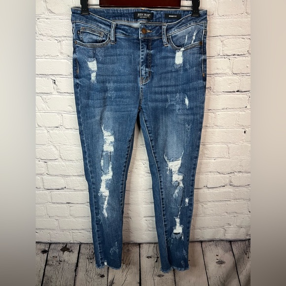Judy Blue Denim - Judy Blue Skinny Fit Blue Jeans 10” High Rise Distressed Raw Hem Stretch 9/29